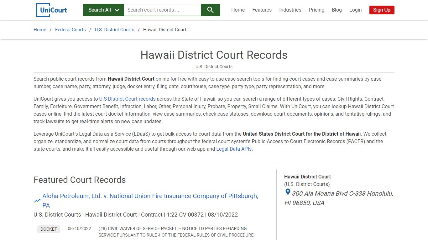 Hawaii District Court Records | PACER Case Search | UniCourt